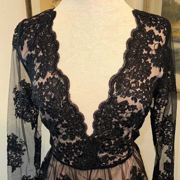 Soie’blu Black Lace Overlay Dress w/ Sheer Sleeves Size Large - Picture 5 of 16